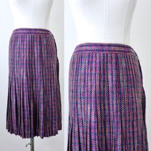 Vintage 1980s Oscar de la Renta Size L Studio Pleated Tweed Knee Length Skirt